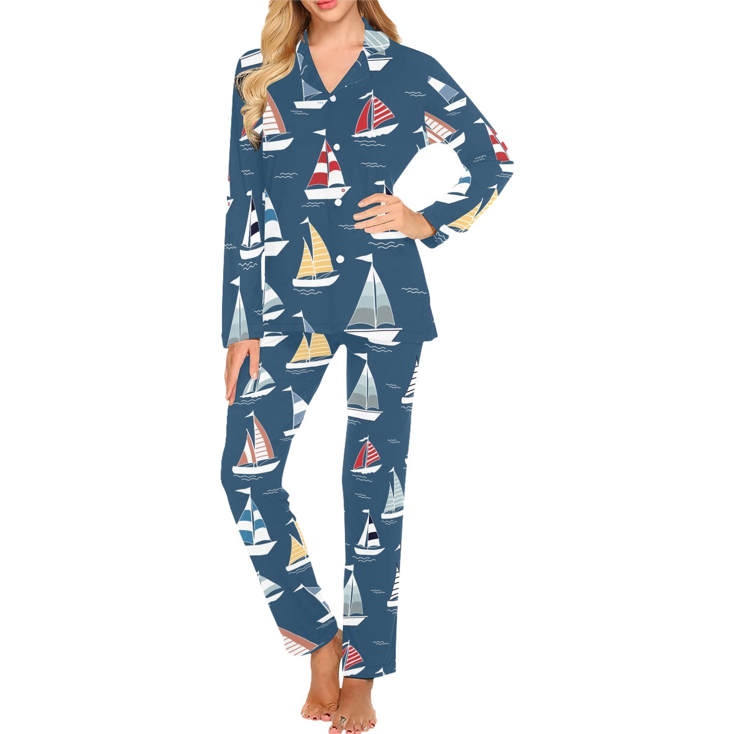 Sailing Ships Pattern Print Design A04 Women's Long Pajama Set