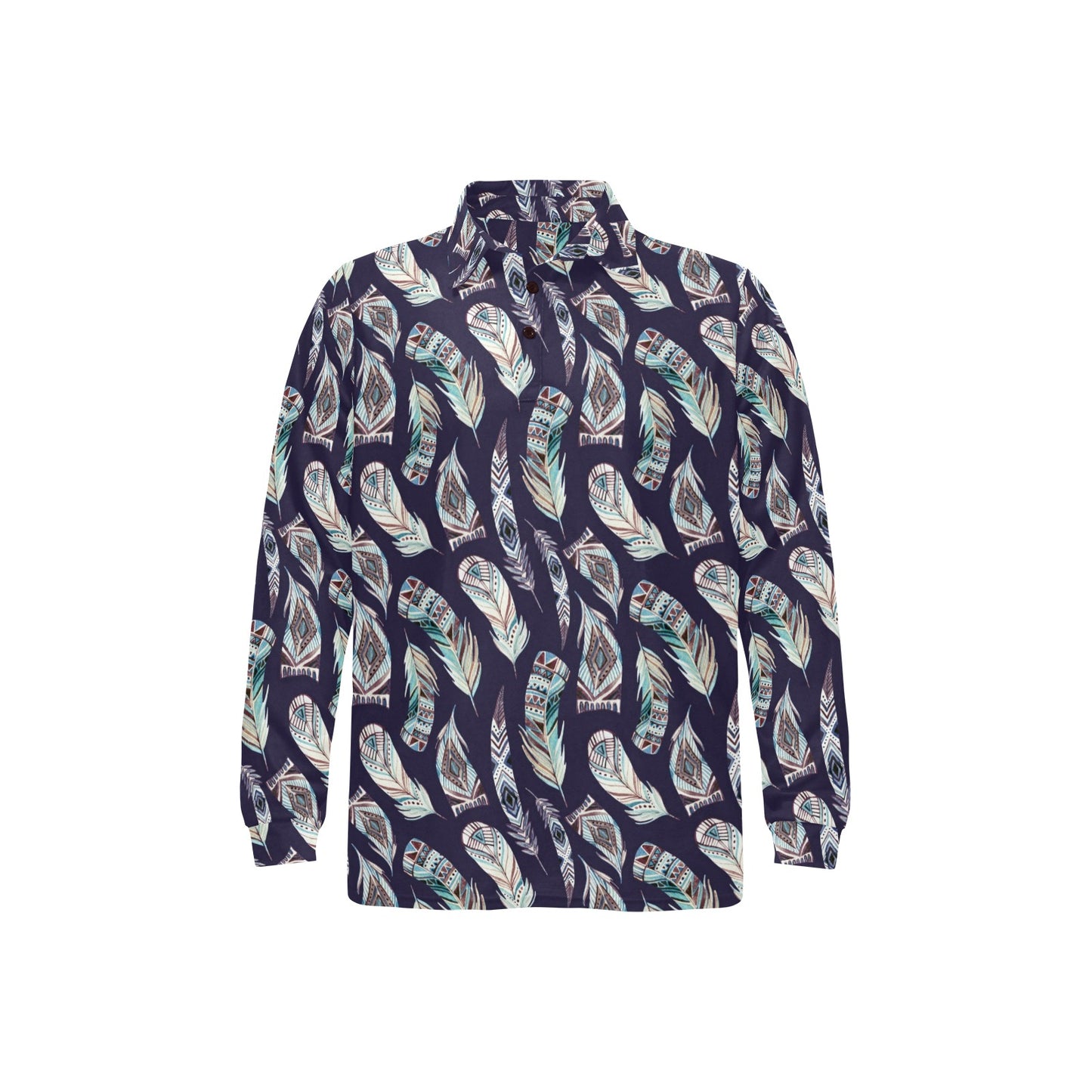 Feather Vintage Boho Design Print Long Sleeve Polo Shirt For Men's