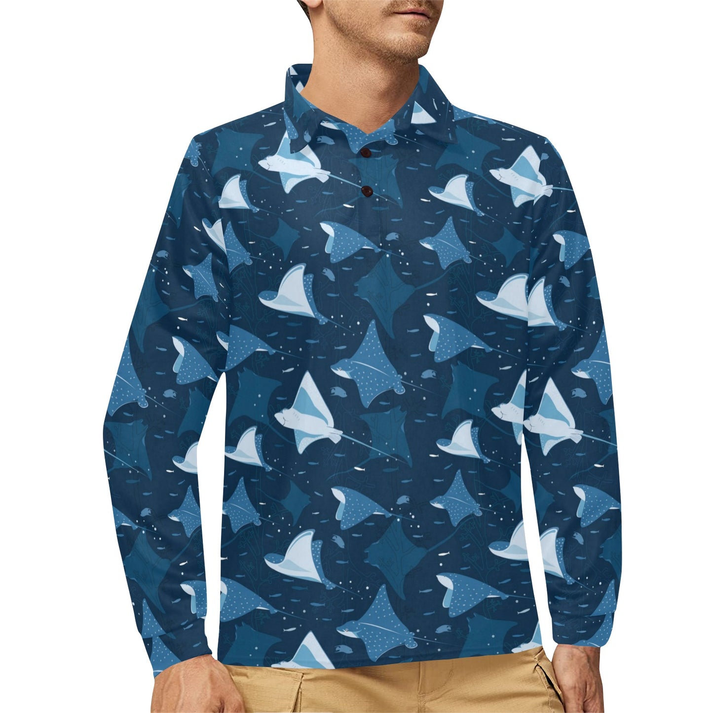 Manta Ray Pattern Print Design 02 Long Sleeve Polo Shirt For Men's