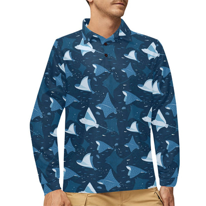 Manta Ray Pattern Print Design 02 Long Sleeve Polo Shirt For Men's