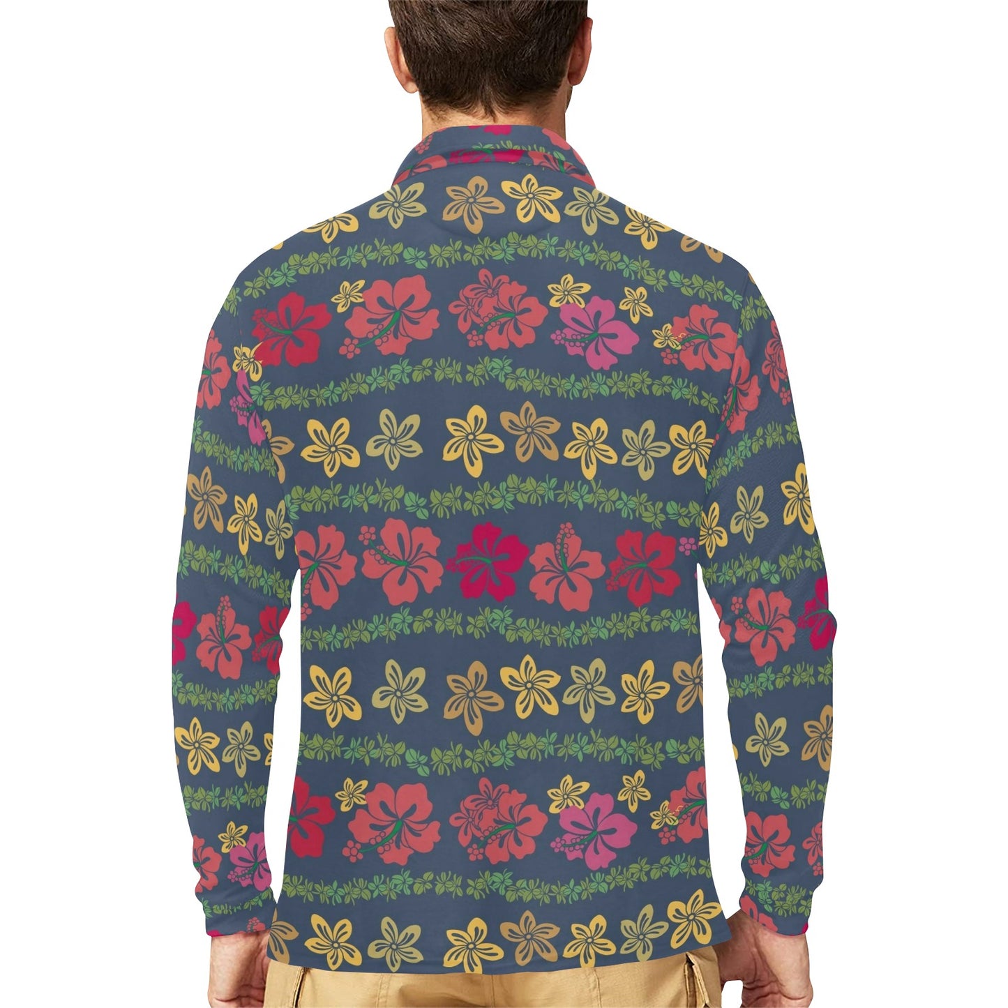 Hawaiian Themed Pattern Print Design H018 Long Sleeve Polo Shirt For Men's
