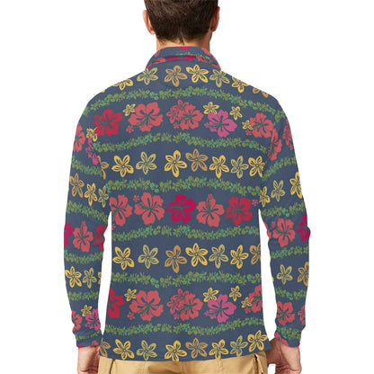 Hawaiian Themed Pattern Print Design H018 Long Sleeve Polo Shirt For Men's