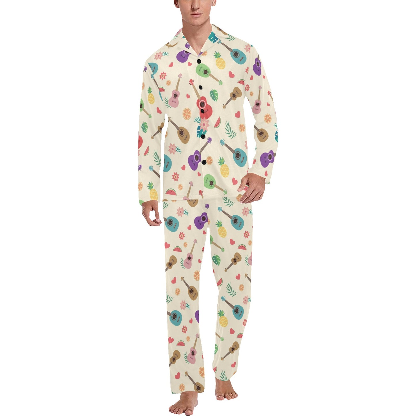 Ukulele Pattern Print Design 01 Men's Long Pajama Set