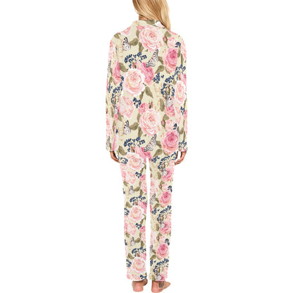 Floral Pink Butterfly Print Women's Long Pajama Set