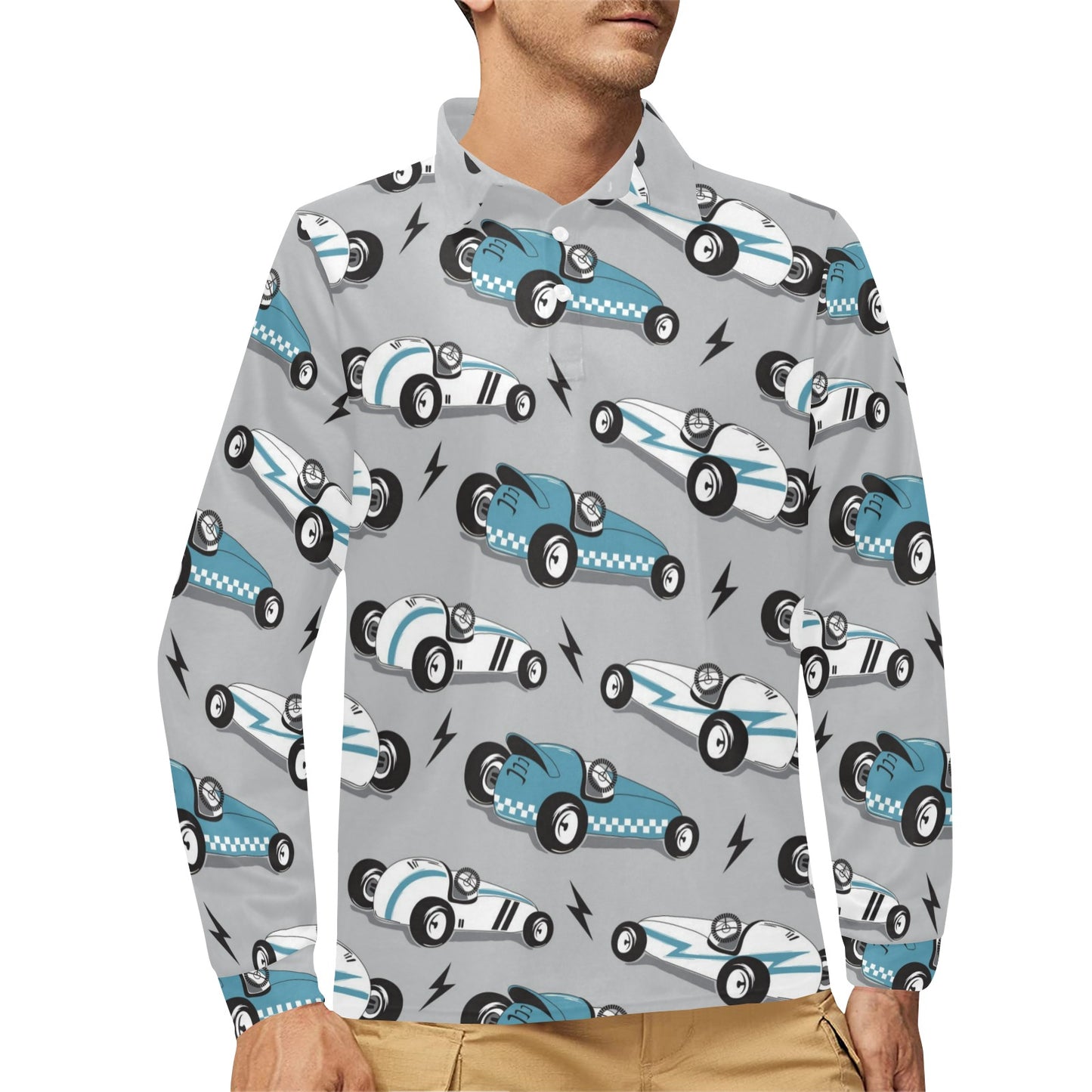 Racing Vintage Pattern Print Design A02 Long Sleeve Polo Shirt For Men's