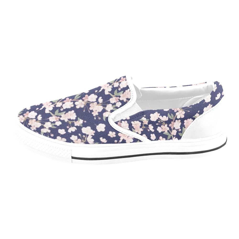 Sakura Print Design LKS301 White Slip Ons Canvas Women's Shoes