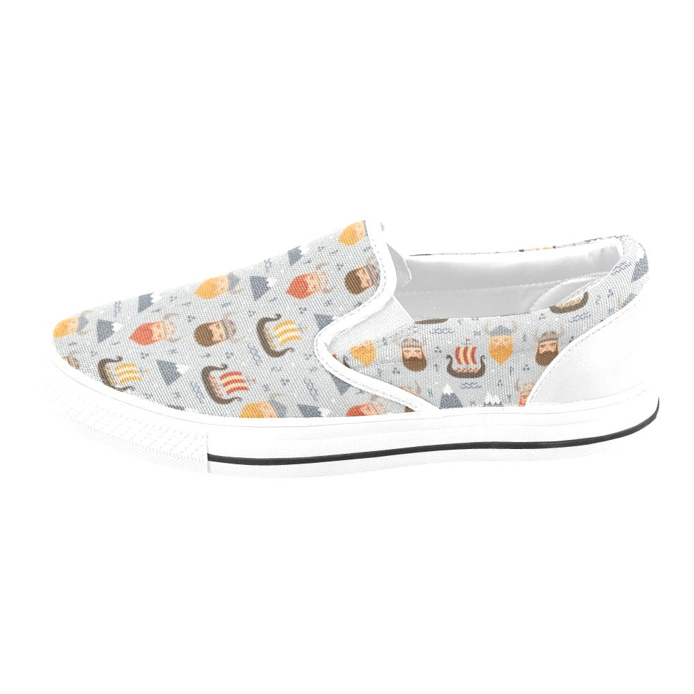 Vikings Print Design LKS307 White Slip Ons Canvas Women's Shoes