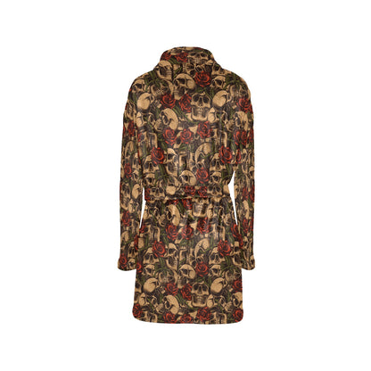 Skull Roses Vintage Design Themed Print Women's Fleece Robe