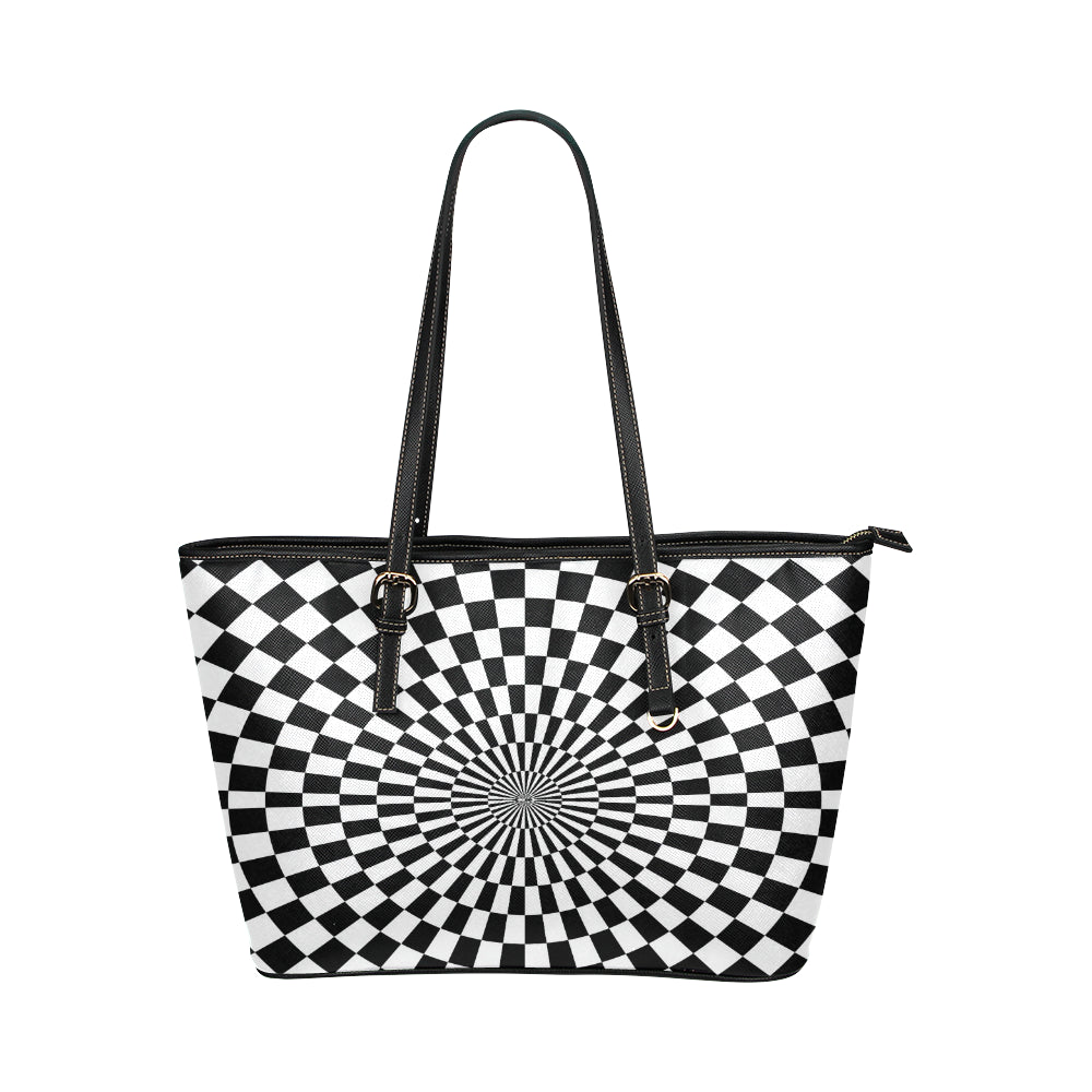 Checkered Flag Optical illusion Leather Tote Bag