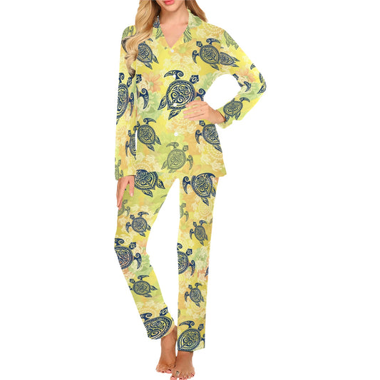 Hawaiian Turtle Tribal Design Print Women's Long Pajama Set