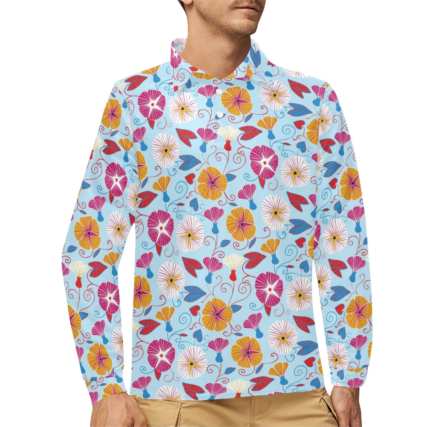 Morning Glory Pattern Print Design MG06 Long Sleeve Polo Shirt For Men's