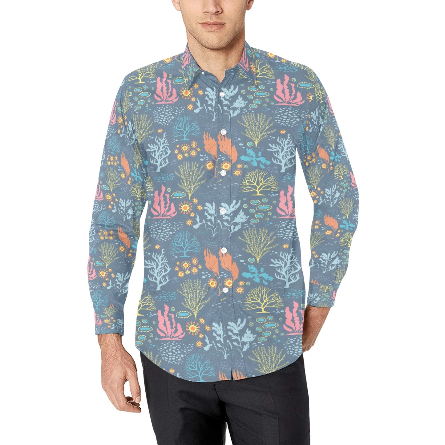 Seaweed Print Design LKS304 Men's Long Sleeve Dress Shirt