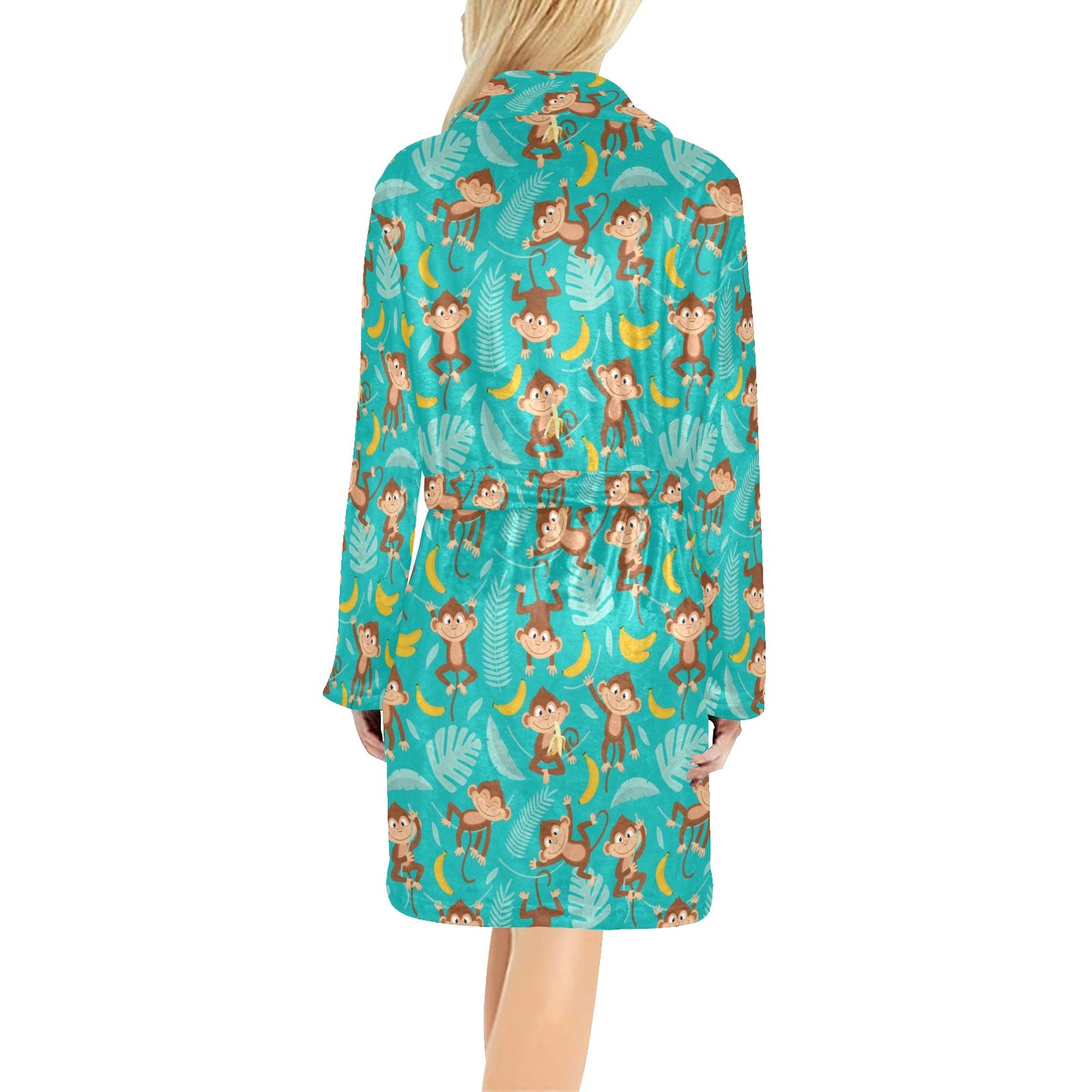 Monkey Happy Design Themed Print Women's Fleece Robe