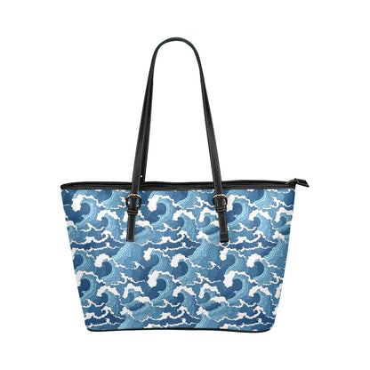 Wave Themed Pattern Print Leather Tote Bag