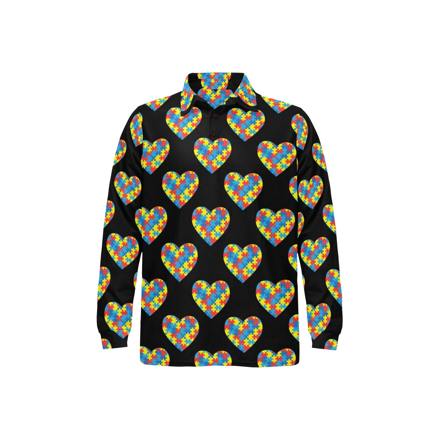 Autism Awareness Heart Design Print Long Sleeve Polo Shirt For Men's