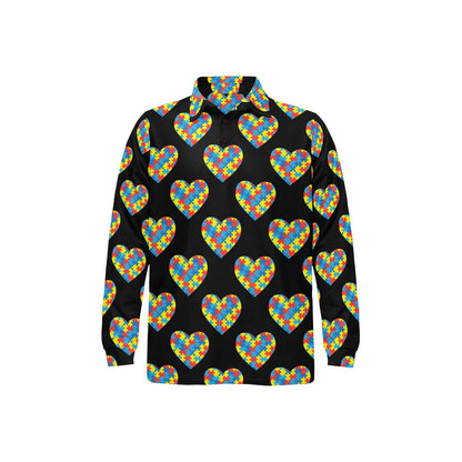 Autism Awareness Heart Design Print Long Sleeve Polo Shirt For Men's