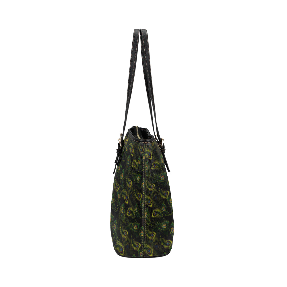 Peacock Feather Pattern Design Print Leather Tote Bag