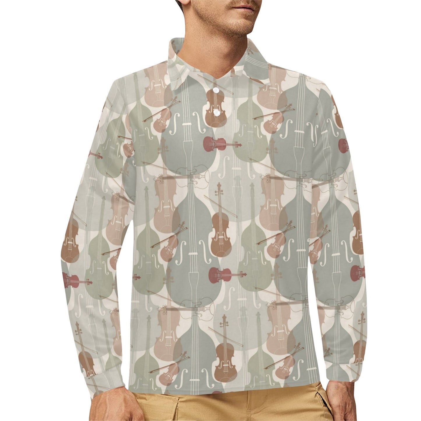 Violin Pattern Print Design 01 Long Sleeve Polo Shirt For Men's