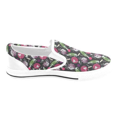 Wine Print Design LKS307 White Slip Ons Canvas Women's Shoes