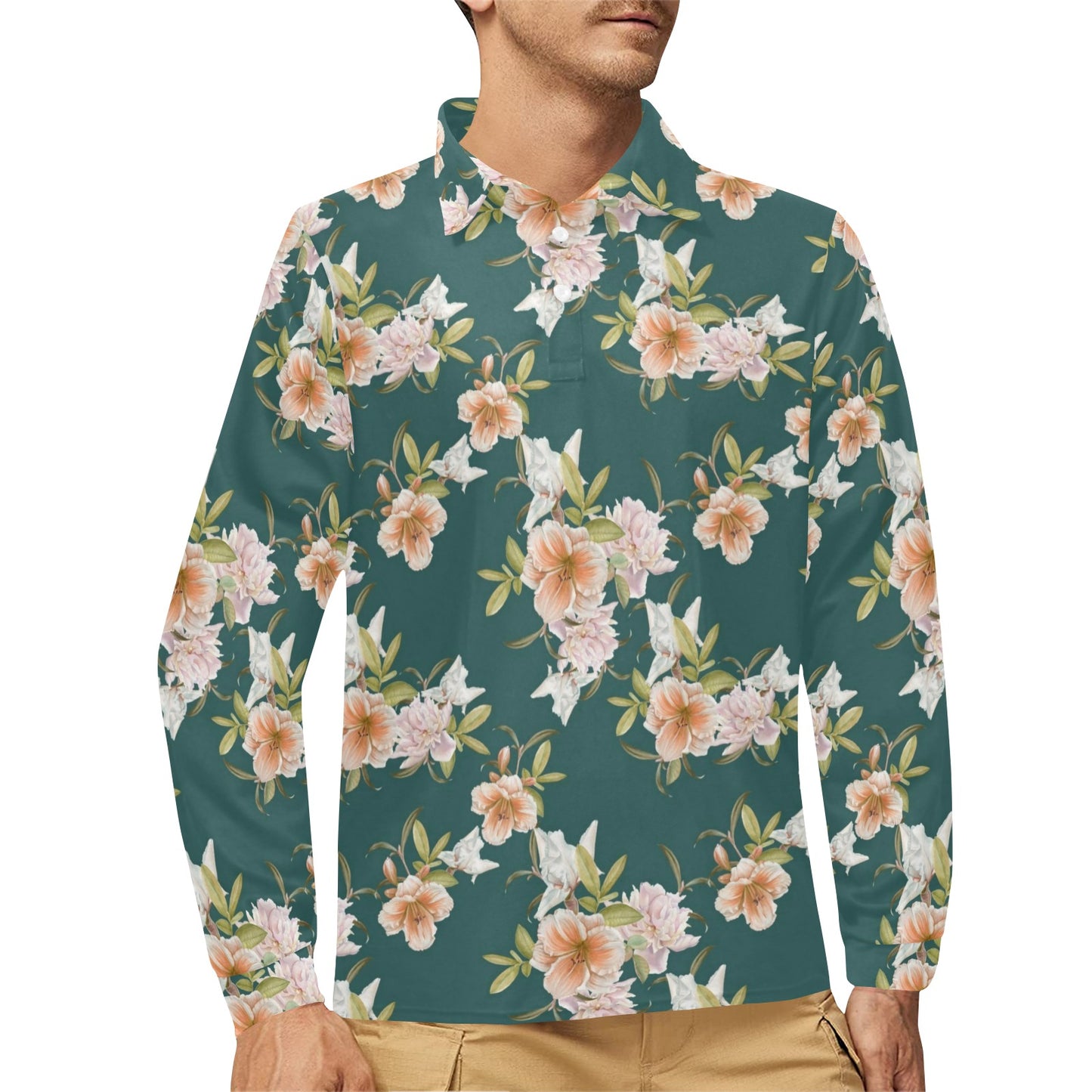 Iris Pattern Print Design IR01 Long Sleeve Polo Shirt For Men's