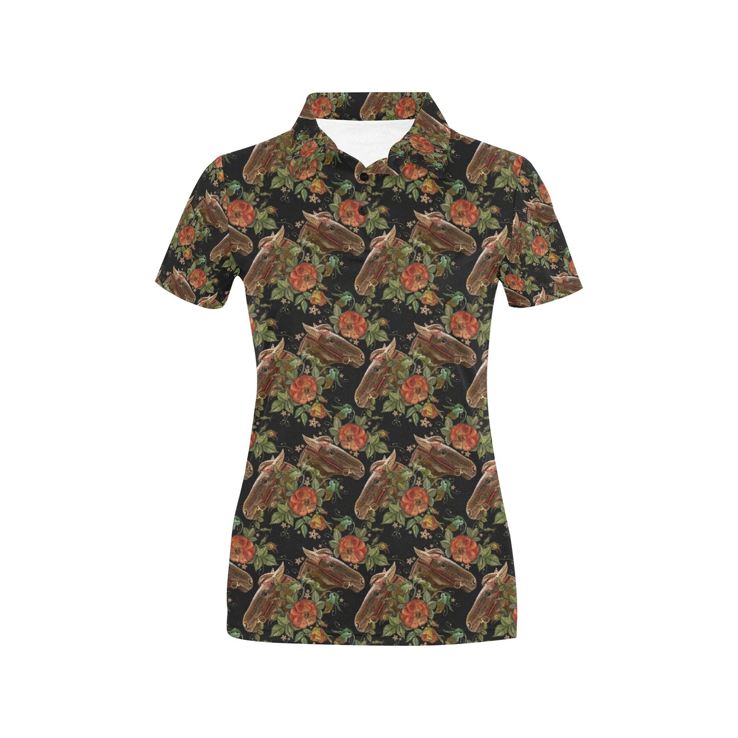 Horse Embroidery with Flower Design Women's Polo Shirt