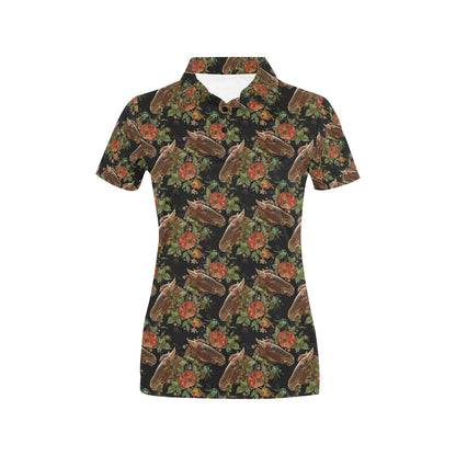 Horse Embroidery with Flower Design Women's Polo Shirt