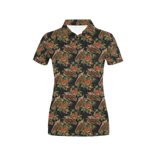 Horse Embroidery with Flower Design Women's Polo Shirt