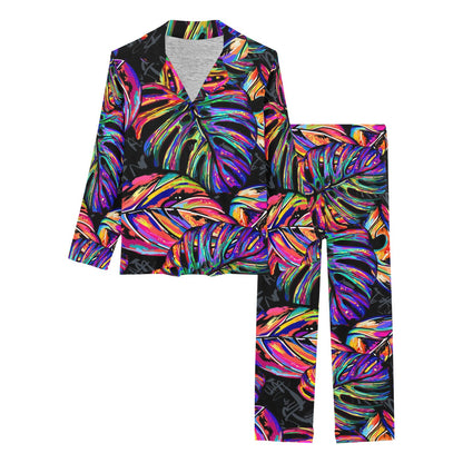 Neon Color Tropical Palm Leaves Women's Long Pajama Set