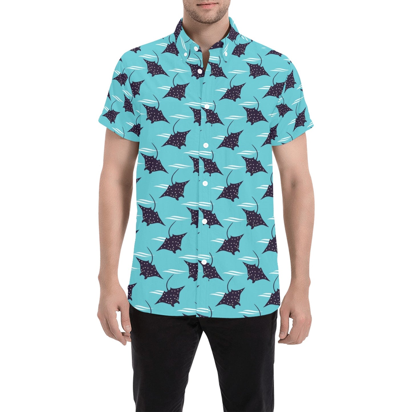Manta Ray Print Design LKS403 Men Short Sleeve Button Up Shirt