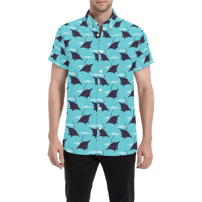 Manta Ray Print Design LKS403 Men Short Sleeve Button Up Shirt
