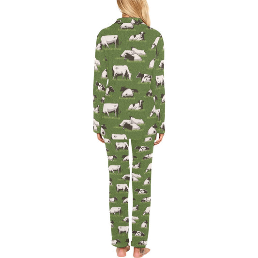 Cow on Grass Print Pattern Women's Long Pajama Set