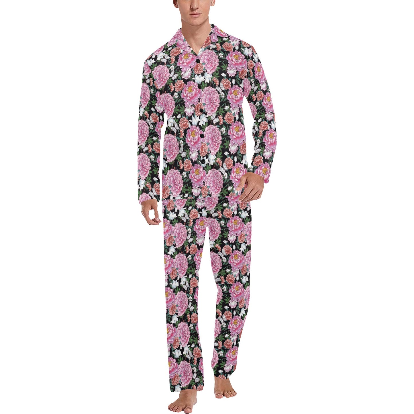 Dahlia Pattern Print Design 02 Men's Long Pajama Set