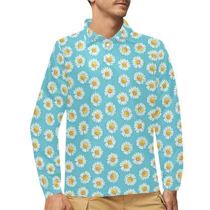 Daisy Pattern Print Design DS03 Long Sleeve Polo Shirt For Men's