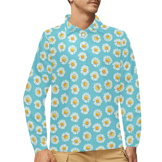 Daisy Pattern Print Design DS03 Long Sleeve Polo Shirt For Men's