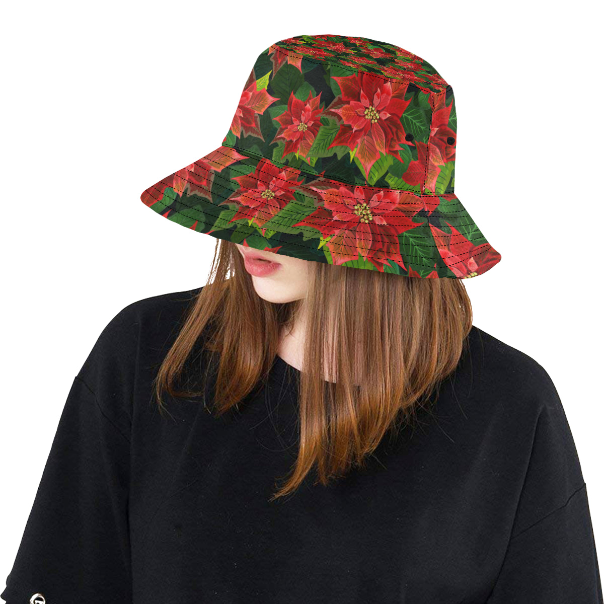 Poinsettia Pattern Print Design POT04 Unisex Bucket Hat