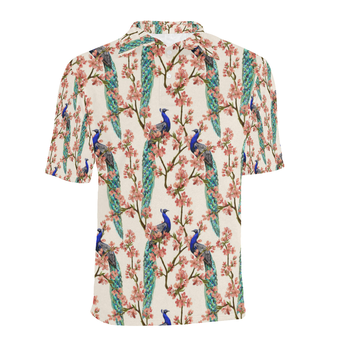 Cherry Blossom Peacock Men Polo Shirt
