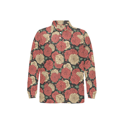 Camellia Pattern Print Design CM01 Long Sleeve Polo Shirt For Men's