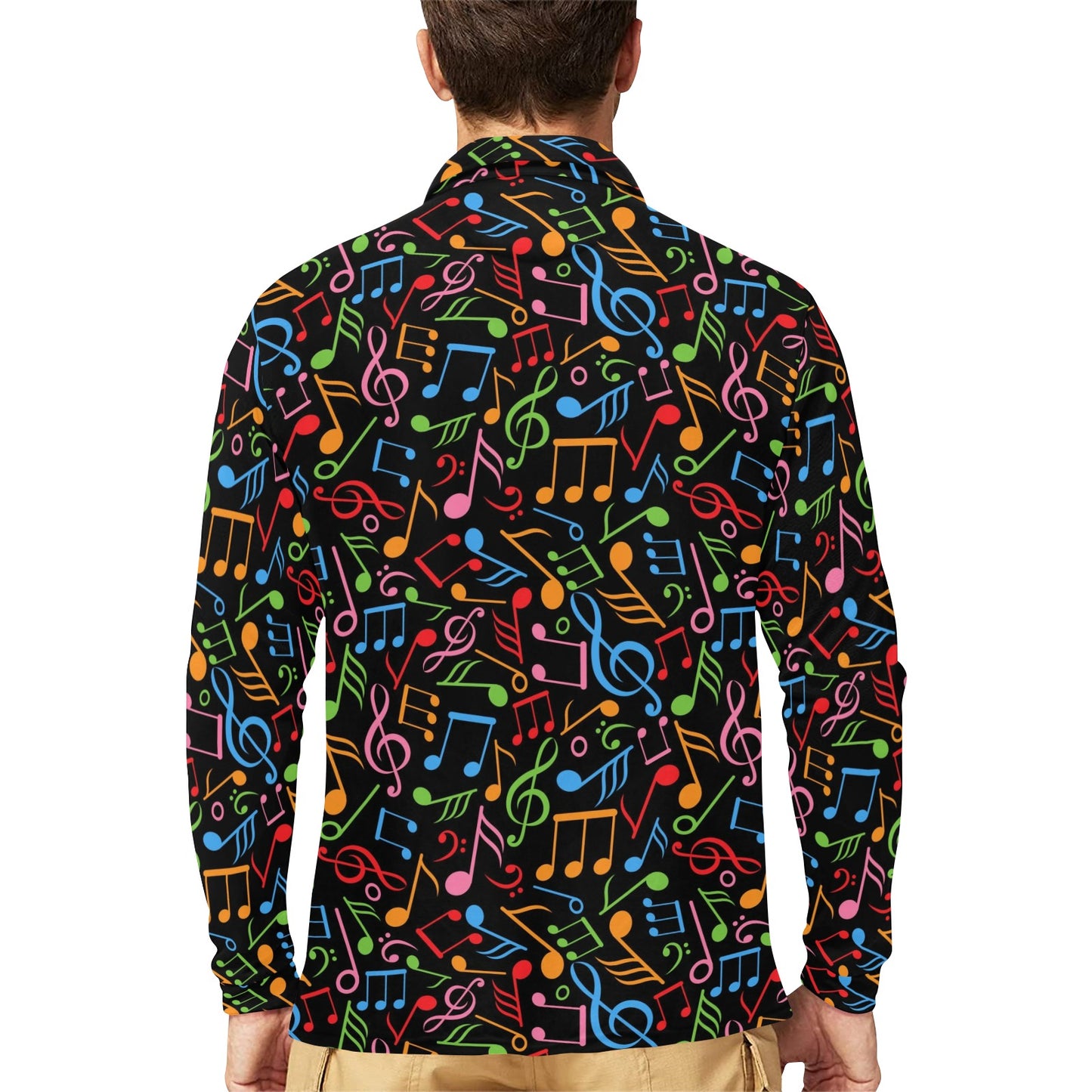 Music Note Colorful Themed Print Long Sleeve Polo Shirt For Men's