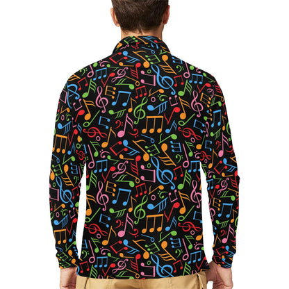 Music Note Colorful Themed Print Long Sleeve Polo Shirt For Men's