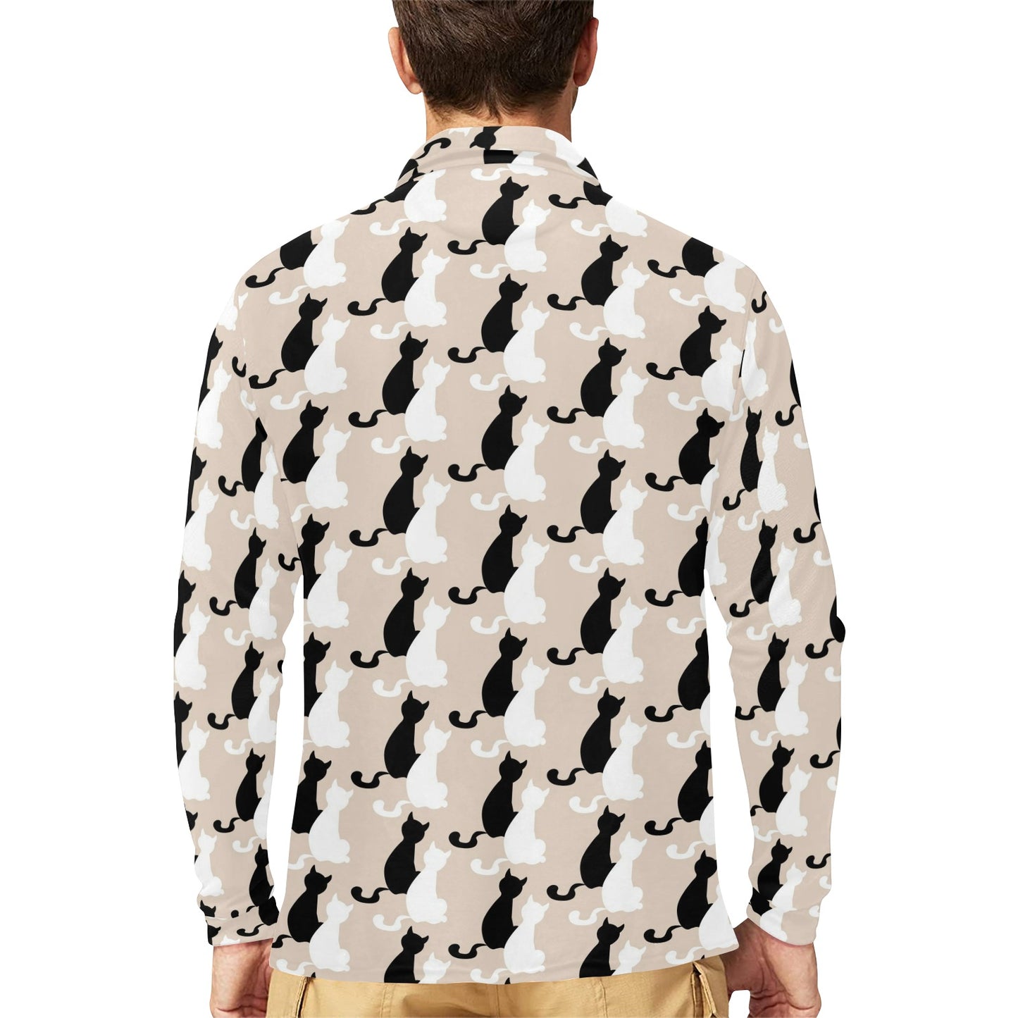 Cat Pattern Print Design 04 Long Sleeve Polo Shirt For Men's