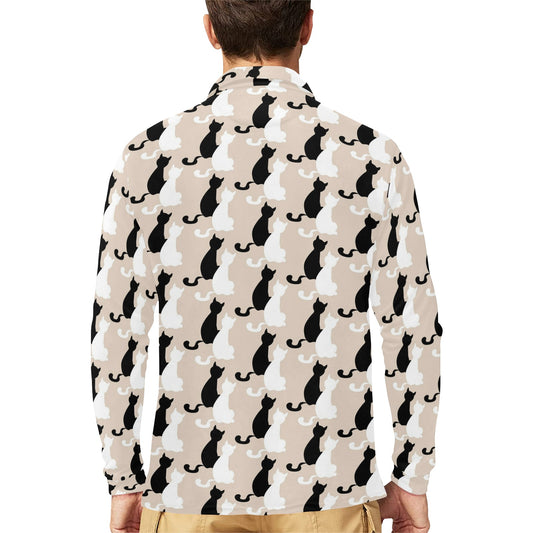 Cat Pattern Print Design 04 Long Sleeve Polo Shirt For Men's