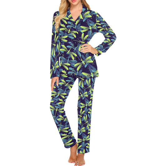 Dragonfly Lime Blue Print Pattern Women's Long Pajama Set