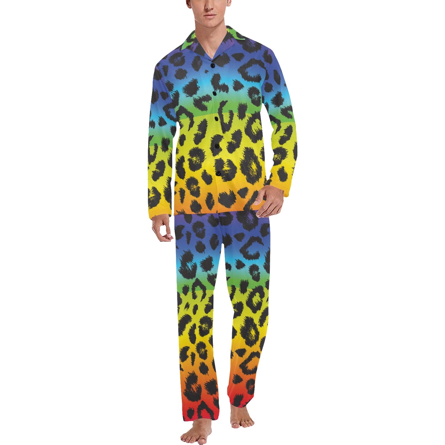 Rainbow Leopard Pattern Print Design A01 Men's Long Pajama Set