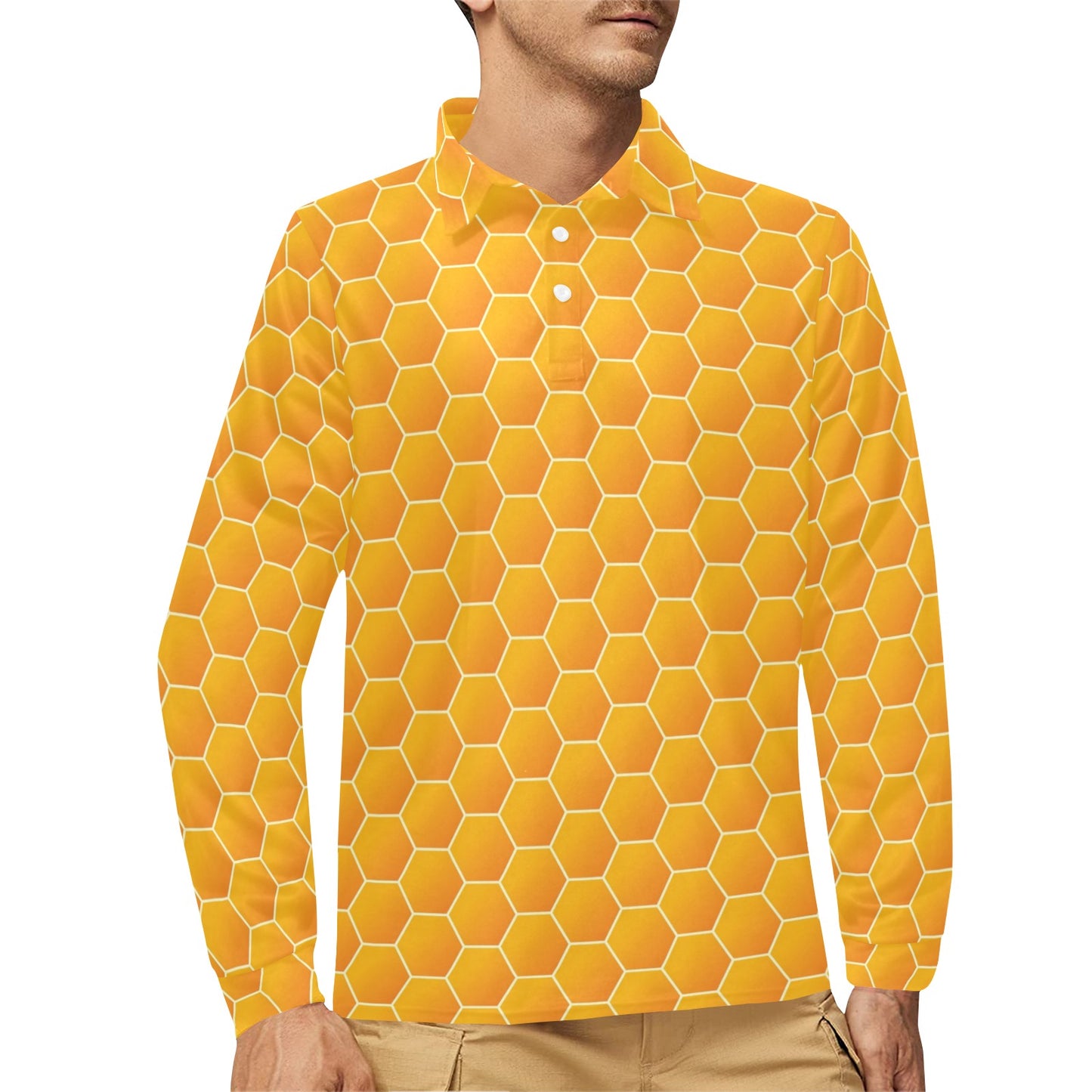 Honey Bee Honeycomb Print Design LKS3011 Long Sleeve Polo Shirt For Men's