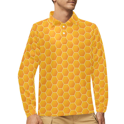 Honey Bee Honeycomb Print Design LKS3011 Long Sleeve Polo Shirt For Men's