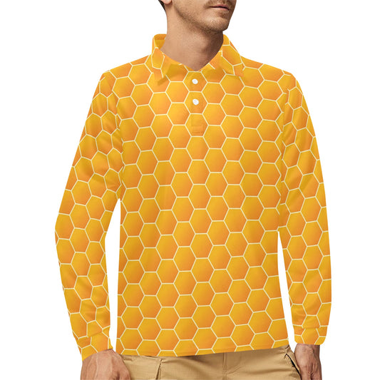 Honey Bee Honeycomb Print Design LKS3011 Long Sleeve Polo Shirt For Men's