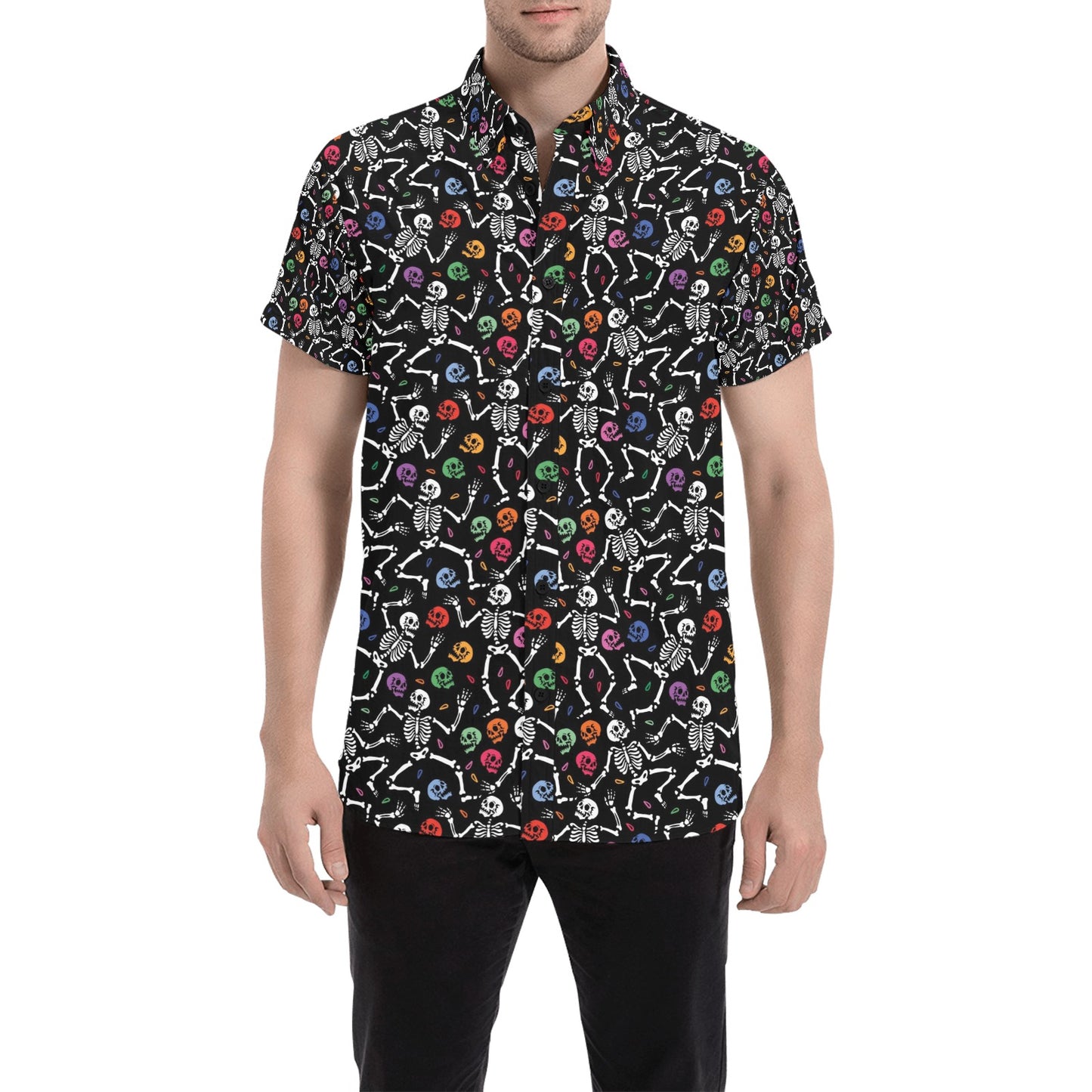 Skeleton Print Design LKS307 Men Short Sleeve Button Up Shirt