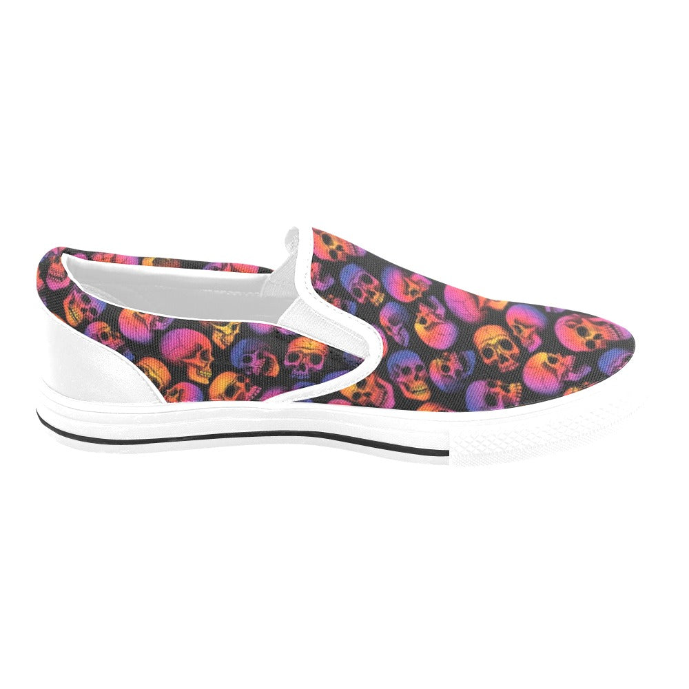 Skull Multicolor Print Design LKS3011 White Slip Ons Canvas Women's Shoes