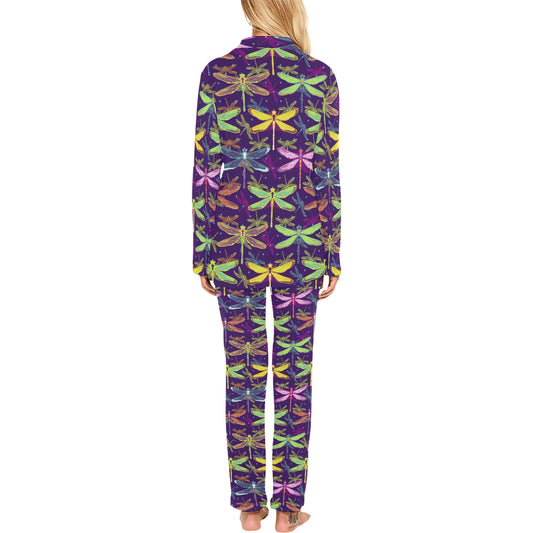 Dragonfly Neon Color Print Pattern Women's Long Pajama Set