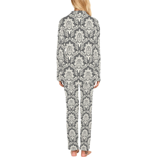 Damask Elegant Print Pattern Women's Long Pajama Set